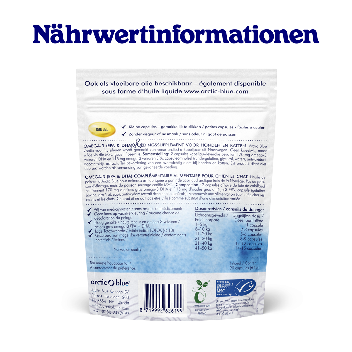 Arctic Blue | Omega 3 - Fischölkapseln für Hunde, Katzen & Pferde - MSC (90 kleine Kapseln)