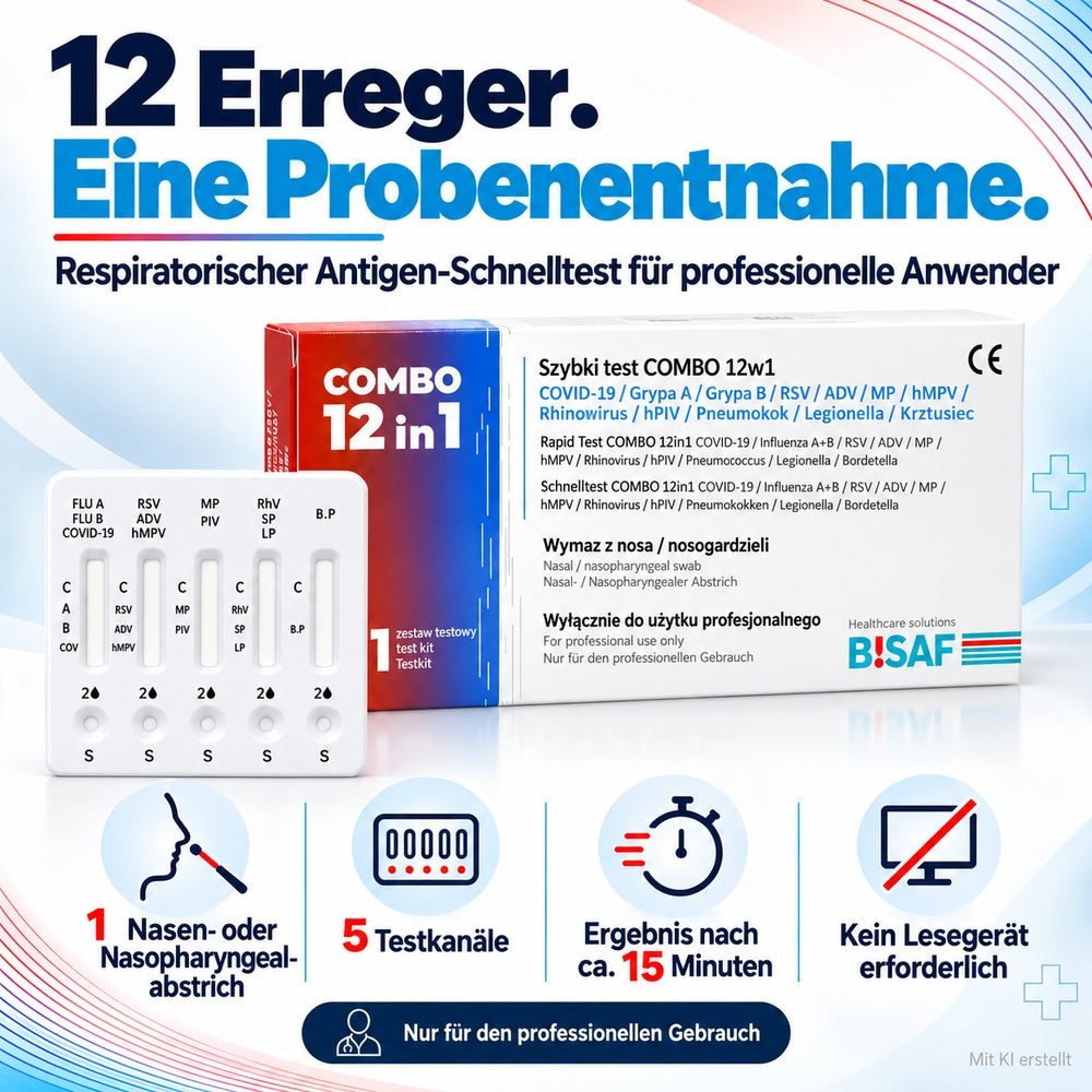 BISAF | 12in1 Test COVID‑19, Influenza, RSV, ADV, hMPV, RhV, hPIV, MP, LP, Pneumokokken, Keuchhusten + Gratis Nanovio FFP2