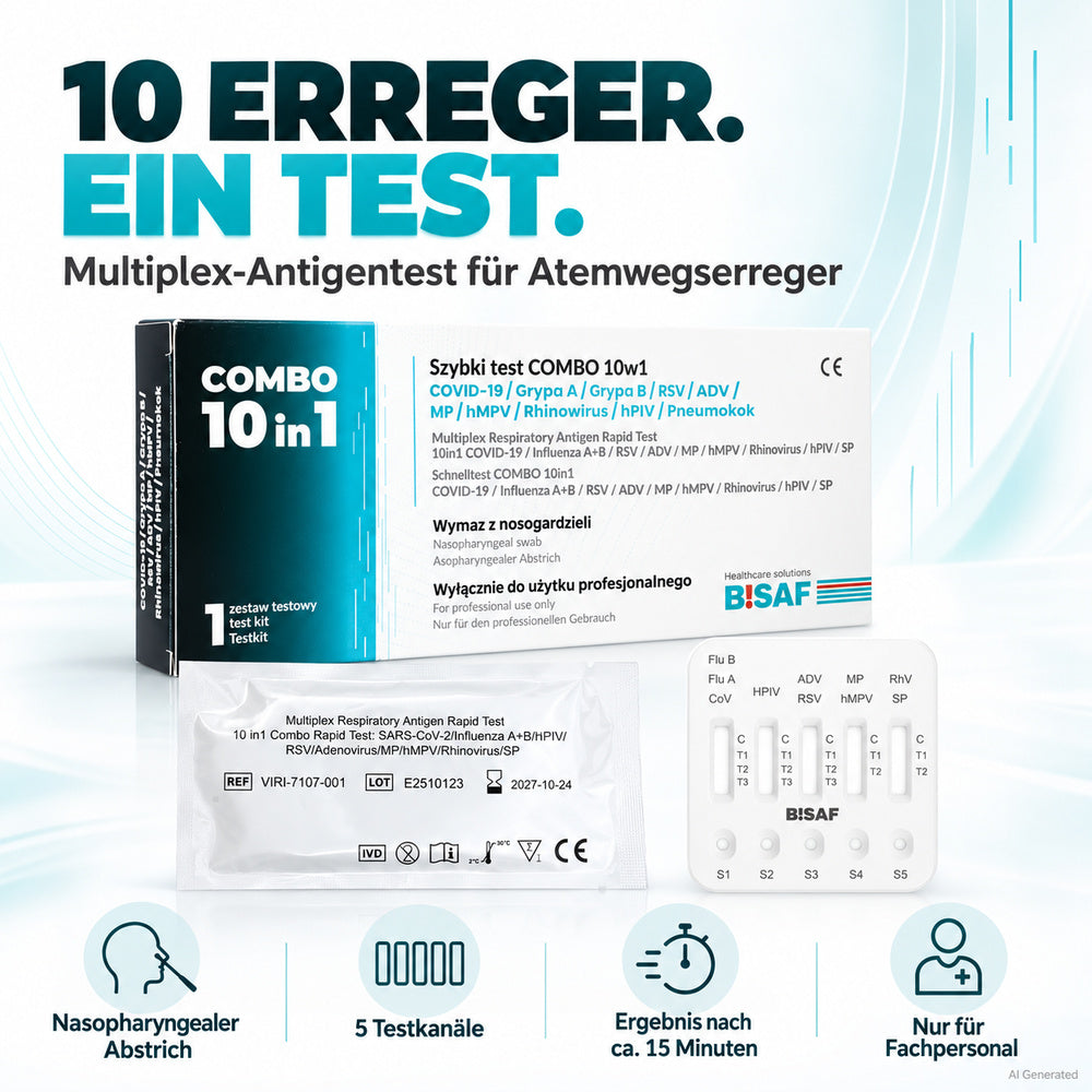 BISAF | 10in1 Test - Covid-19, Influenza A+B, RSV, ADV, hMPV, RhV, hPIV, MP, SP + Gratis Nanovio