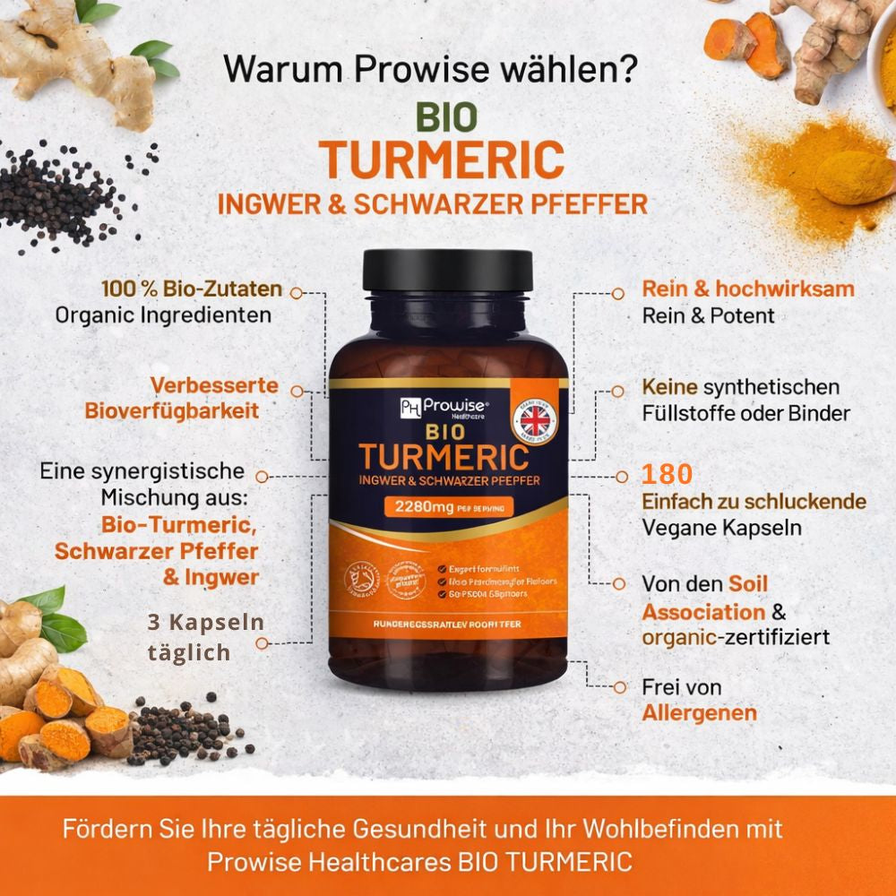 Prowise Healthcare Bio-Kurkuma 2280 mg mit schwarzem Pfeffer und Ingwer · 180 Kapseln – Bild 2