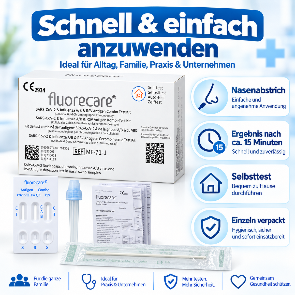 fluorecare® 4in1 SARS-CoV-2, Influenza A/B & RSV Combo-Schnelltest – XL Großmengen - B2B
