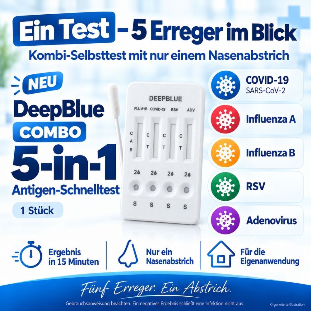 NEU: DeepBlue 5-in-1 Kombi-Schnelltest – COVID-19, Influenza A+B, RSV & Adenovirus + Gratis Nanovio FFP2