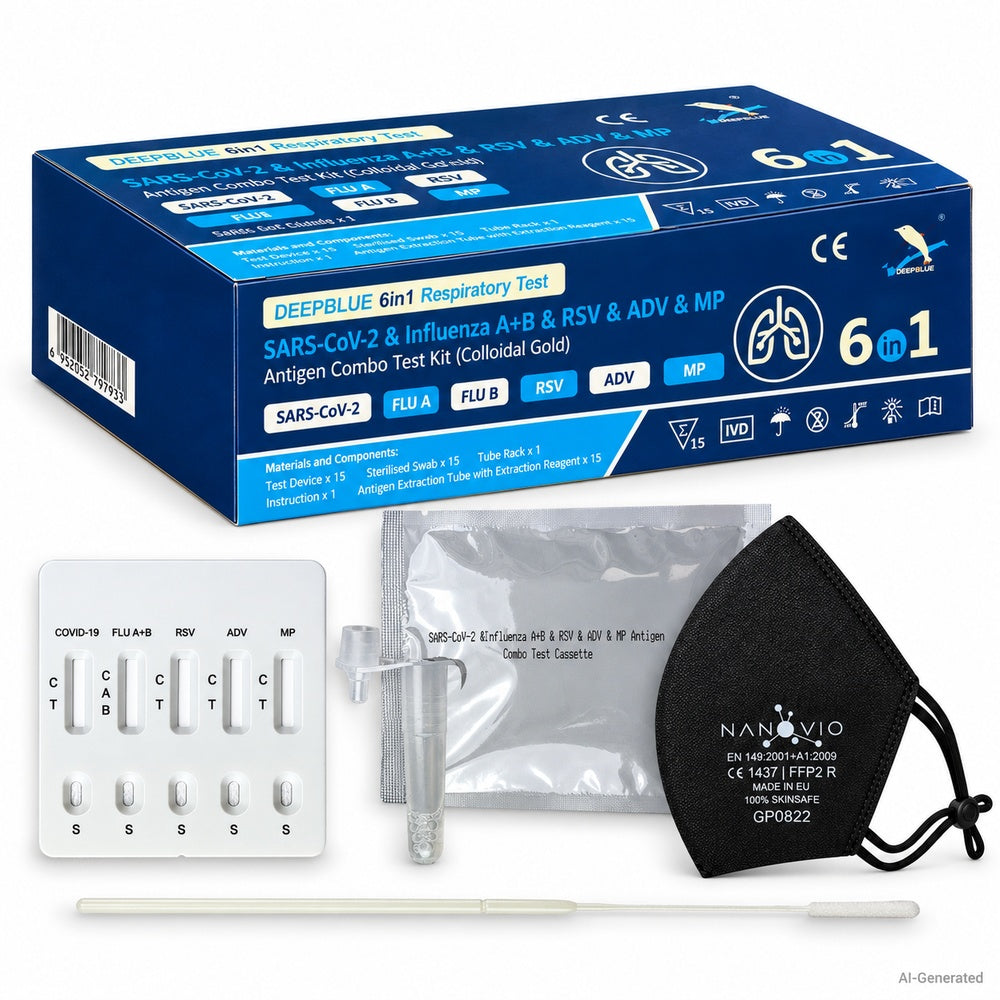 Deepblue | 6in1 Profi Antigen Combo Test für COVID-19 (Corona), Grippe A/B, RSV, Adenovirus & Mycoplasma (MP) 15 Stück Packung