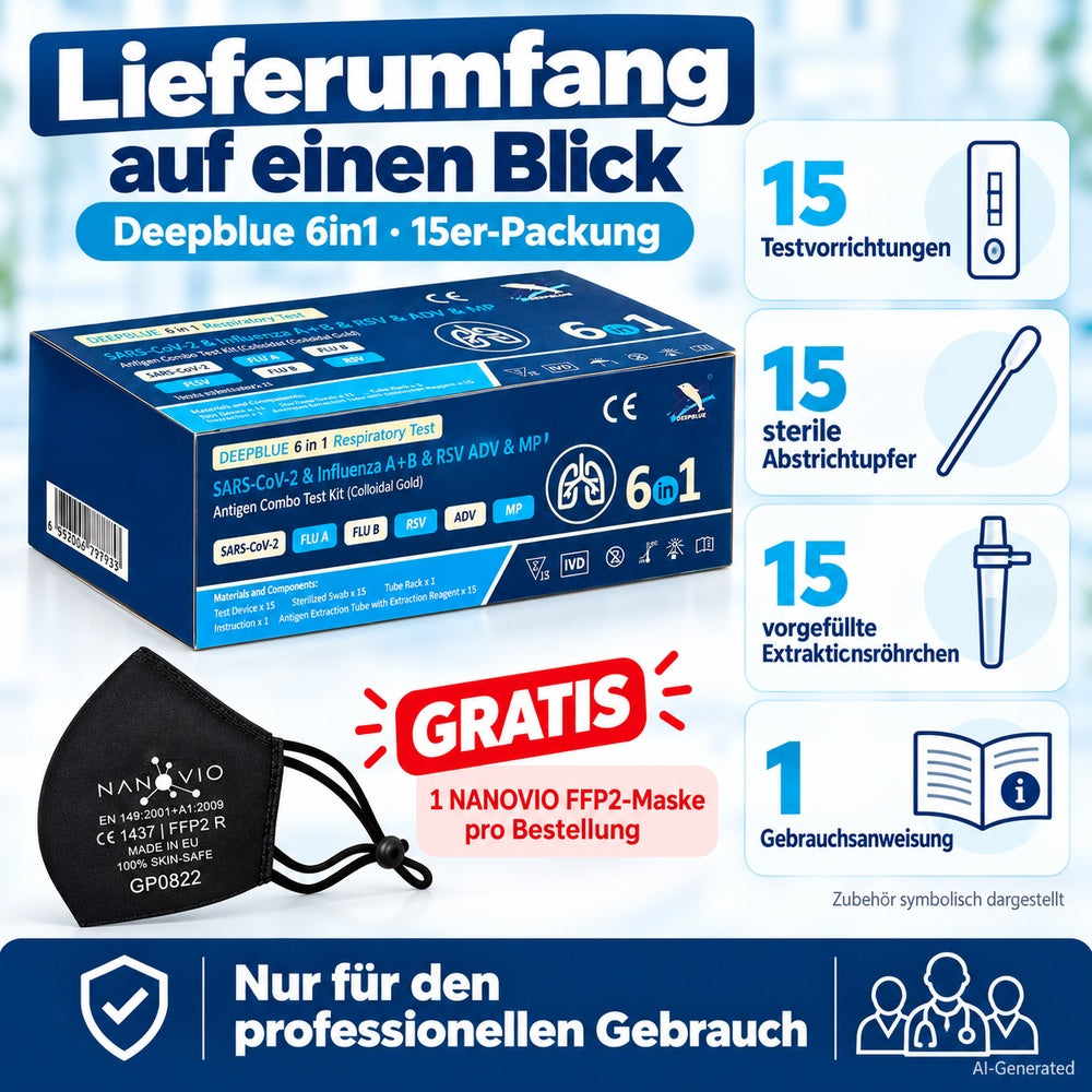 Deepblue | 6in1 Profi Antigen Combo Test für COVID-19 (Corona), Grippe A/B, RSV, Adenovirus & Mycoplasma (MP) 15 Stück Packung