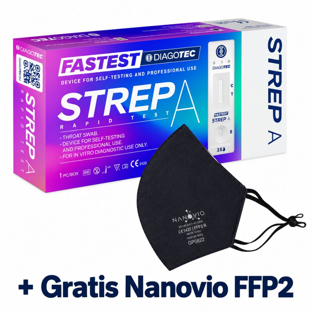 DIAGOTEC FASTEST Strep A – Streptokokken-Selbsttest für zu Hause + Gratis Nanovio FFP2 Maske