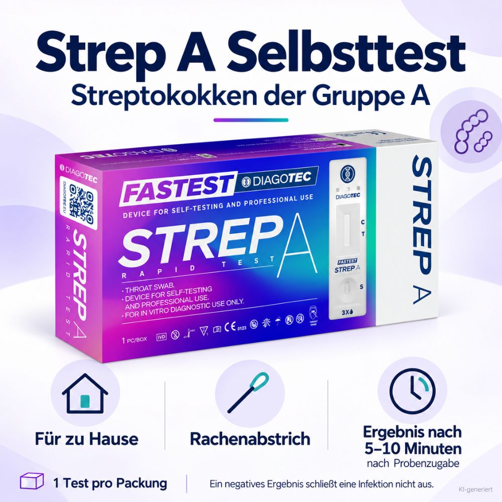 DIAGOTEC FASTEST Strep A – Streptokokken-Selbsttest für zu Hause + Gratis Nanovio FFP2 Maske