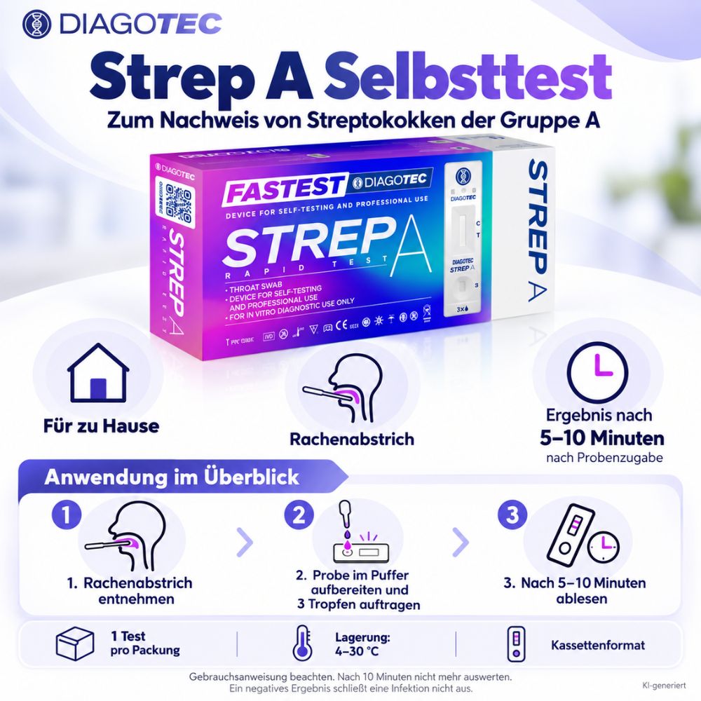 DIAGOTEC FASTEST Strep A – Streptokokken-Selbsttest für zu Hause + Gratis Nanovio FFP2 Maske