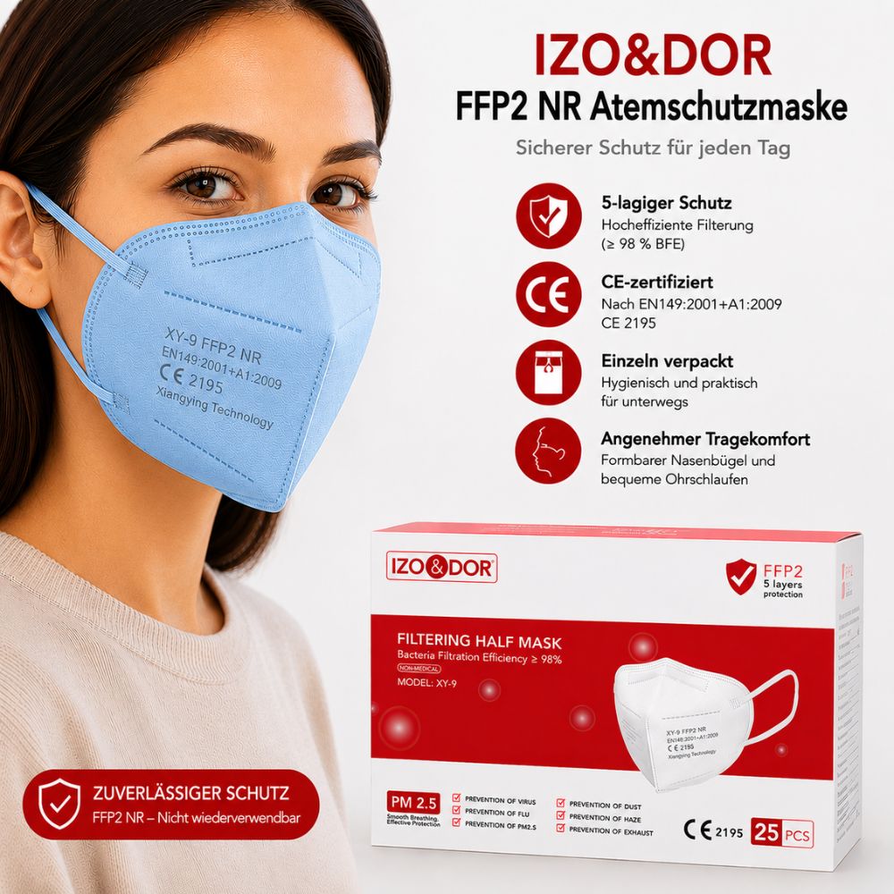 IZO&DOR | FFP2 NR Atemschutzmaske - CE-zertifiziert - EN149 - 5-lagig - Mixpackung – 8 Stück (1 pro Farbe)