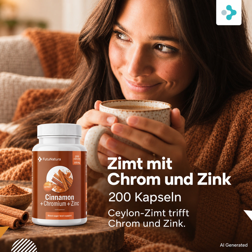 FutuNatura | Zimt mit Chrom und Zink für den Blutzuckerspiegel - 200 Kapseln – Bild 2