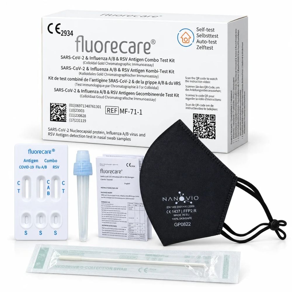 fluorecare® 4in1 SARS-CoV-2, Influenza A/B & RSV Combo-Schnelltest + Gratis Nanovio FFP2 Maske