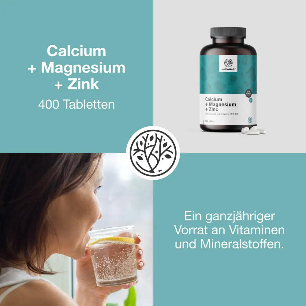 HealthyWorld Calcium + Magnesium + Zink · 9 Vitalstoffe mit Vitamin D3 & K2 · 400 Tabletten – Bild 2