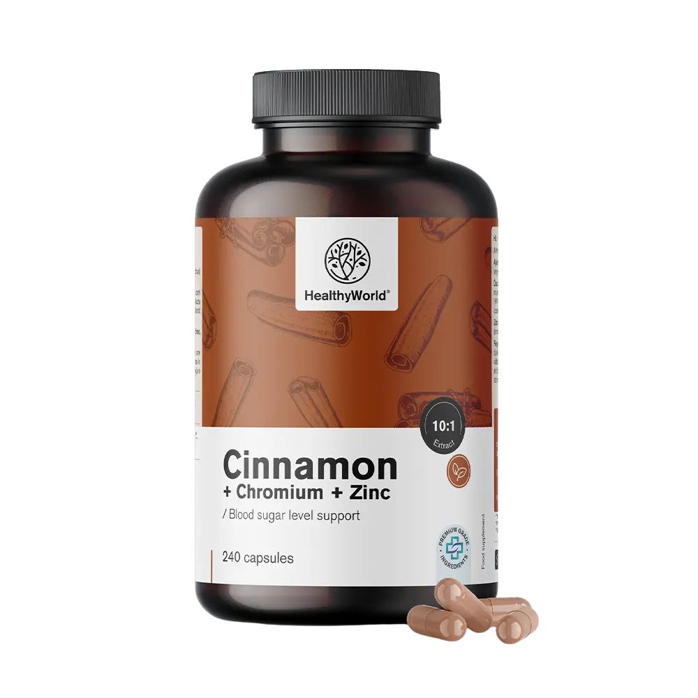 HealthyWorld Zimt mit Chrom und Zink zur Regulierung des Blutzuckerspiegels · 240 Kapseln