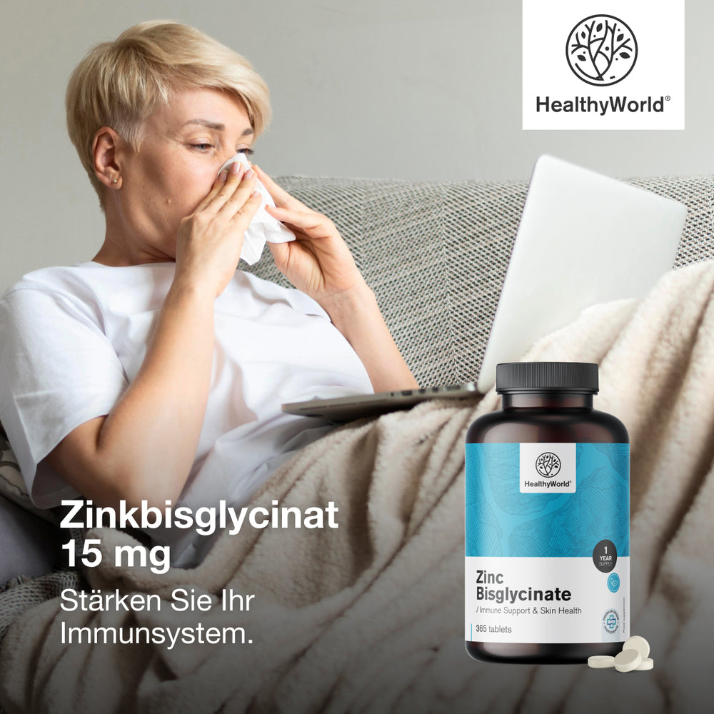 HealthyWorld Zinkbisglycinat 15 mg für Haut, Haare, Nägel & Immunsystem · 365 Tabletten – Bild 2