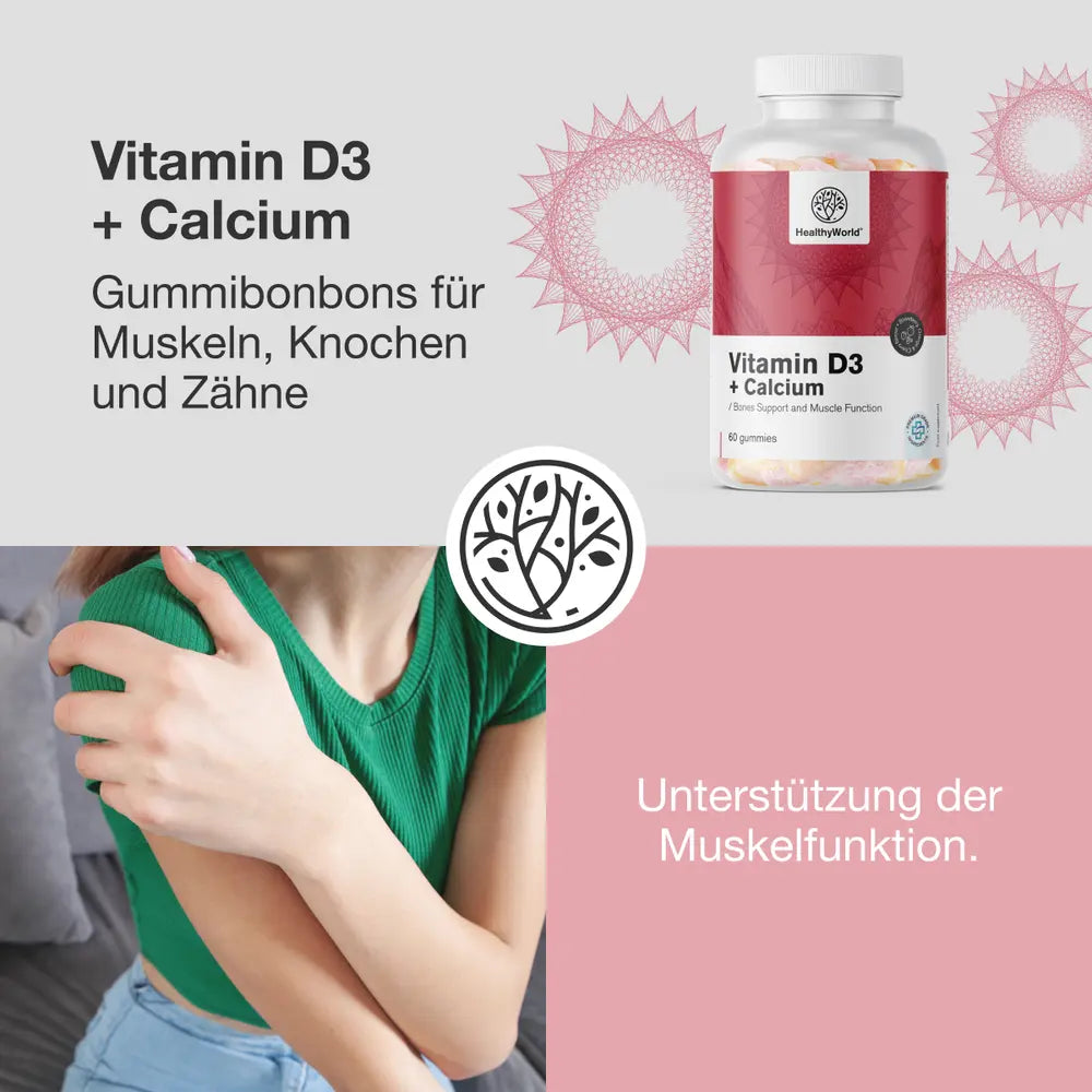HealthyWorld | Vitamin D3 + Calcium – Gummibonbons für Muskeln, Knochen und Zähne – 60 Stück