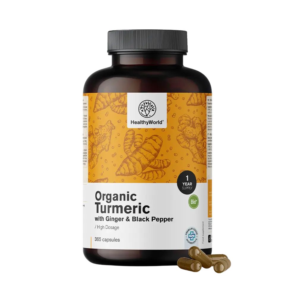 HealthyWorld BIO Kurkuma 480 mg mit Ingwer und schwarzem Pfeffer · 365 Kapseln