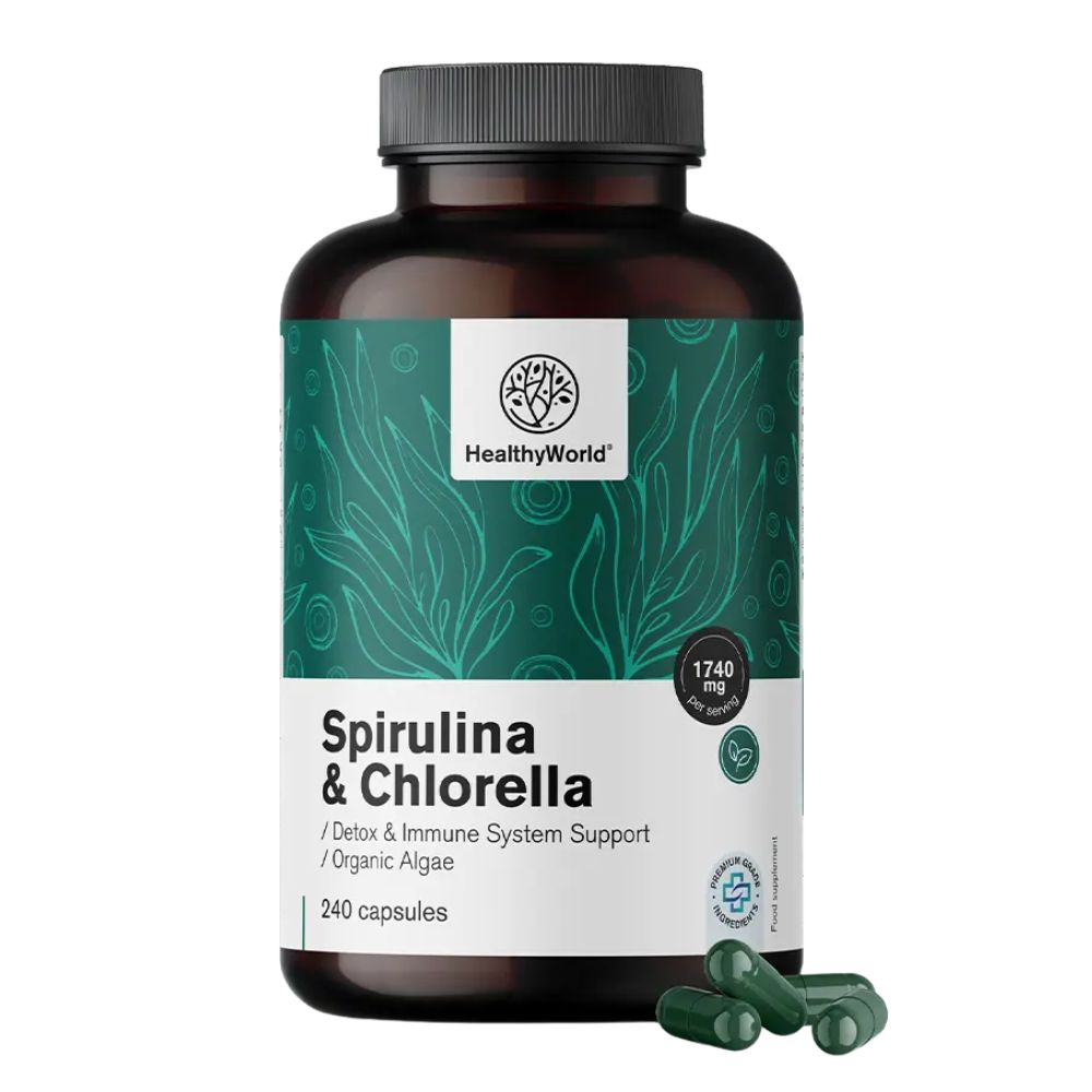 HealthyWorld | Spirulina und Chlorella 1740 mg – BIO Algen-Komplex – 240 Kapseln