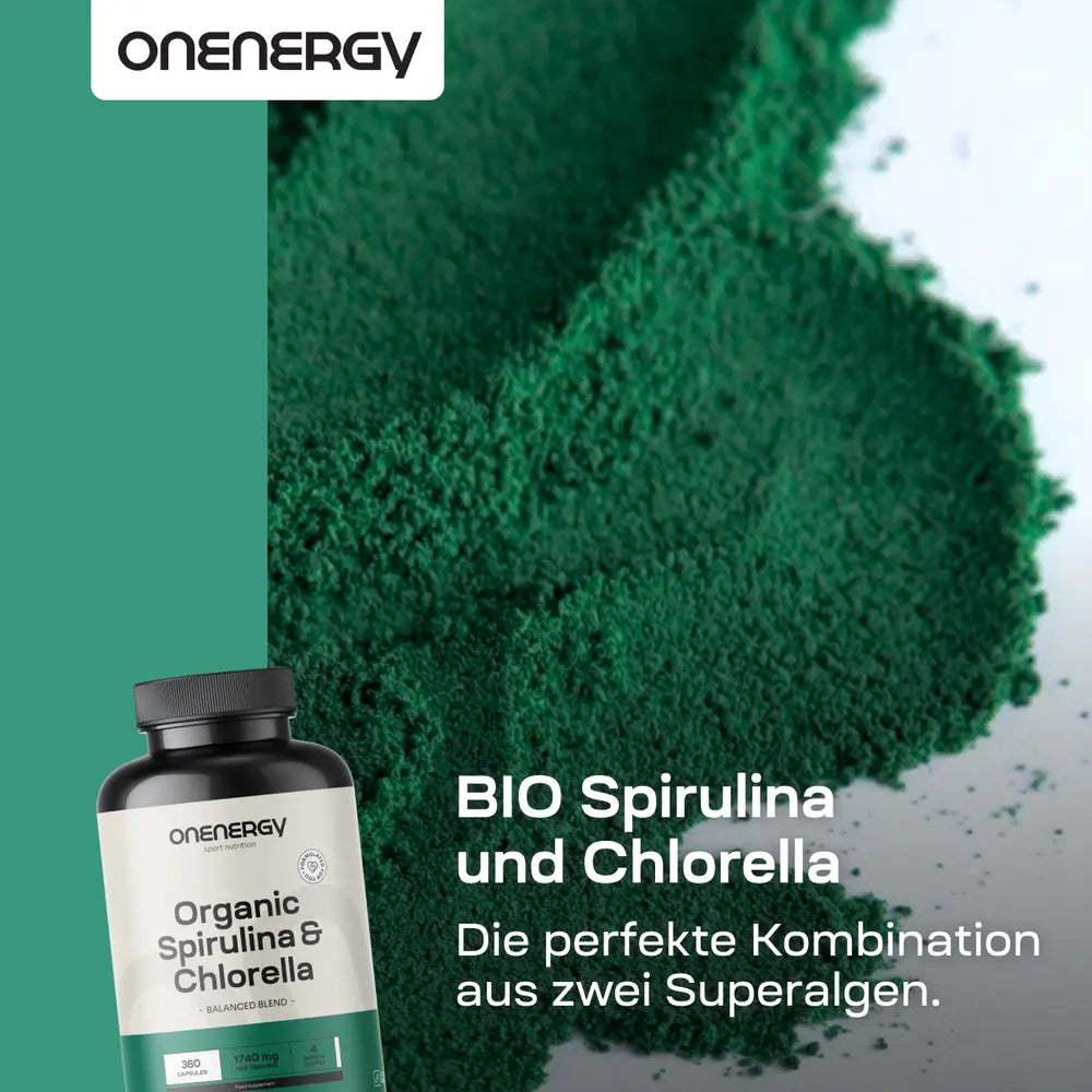OnEnergy | BIO Spirulina & Chlorella - Widerstandsfähigkeit, Entgiftung und Stoffwechsel – 360 Kapseln