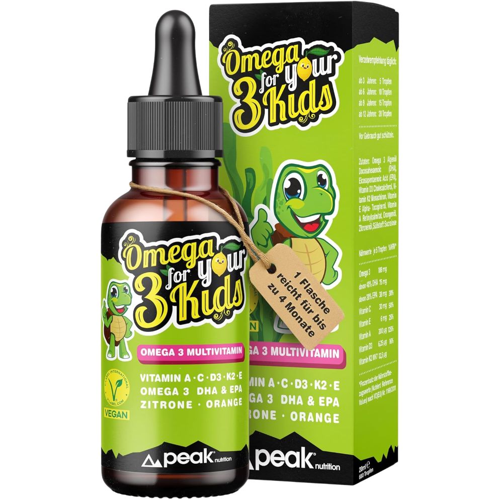 peak nutrition Omega 3 for your Kids Multivitamin Tropfen für Kinder mit DHA + EPA · 20 ml