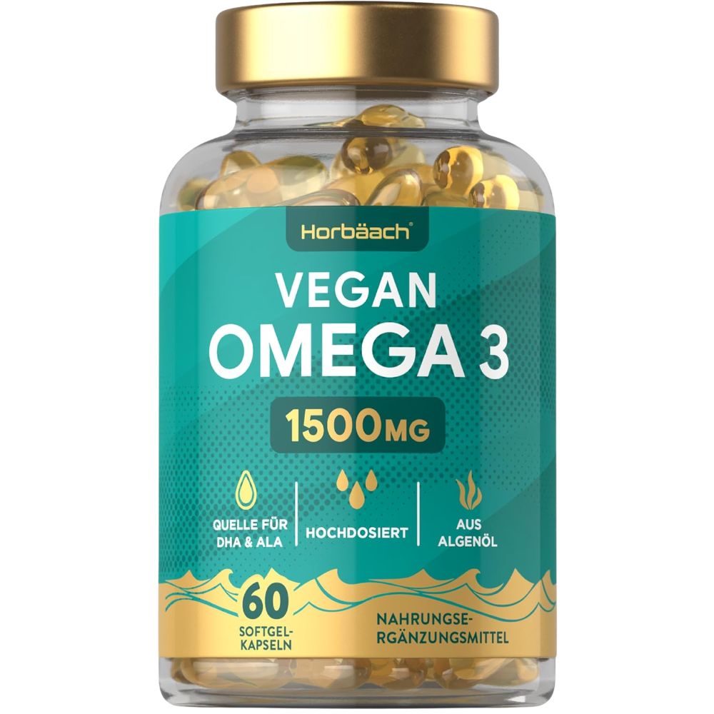 Horbaach Omega 3 Vegan 1500mg aus Algenöl · 60 Kapseln mit Hochdosiert ALA und DHA pro Portion