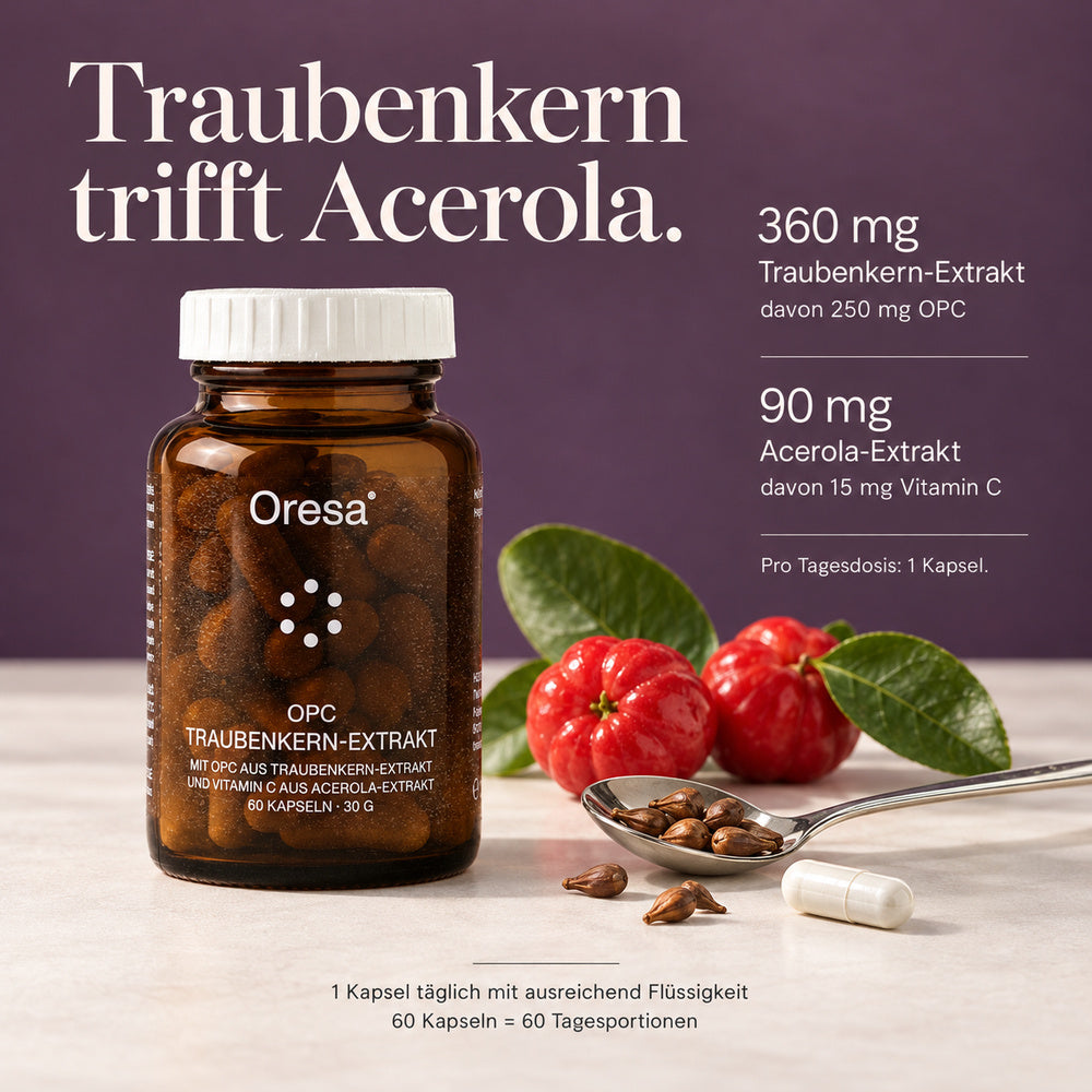 Oresa | OPC Traubenkern-Extrakt 250 mg mit Vitamin C aus Acerola - 60 vegane Kapseln