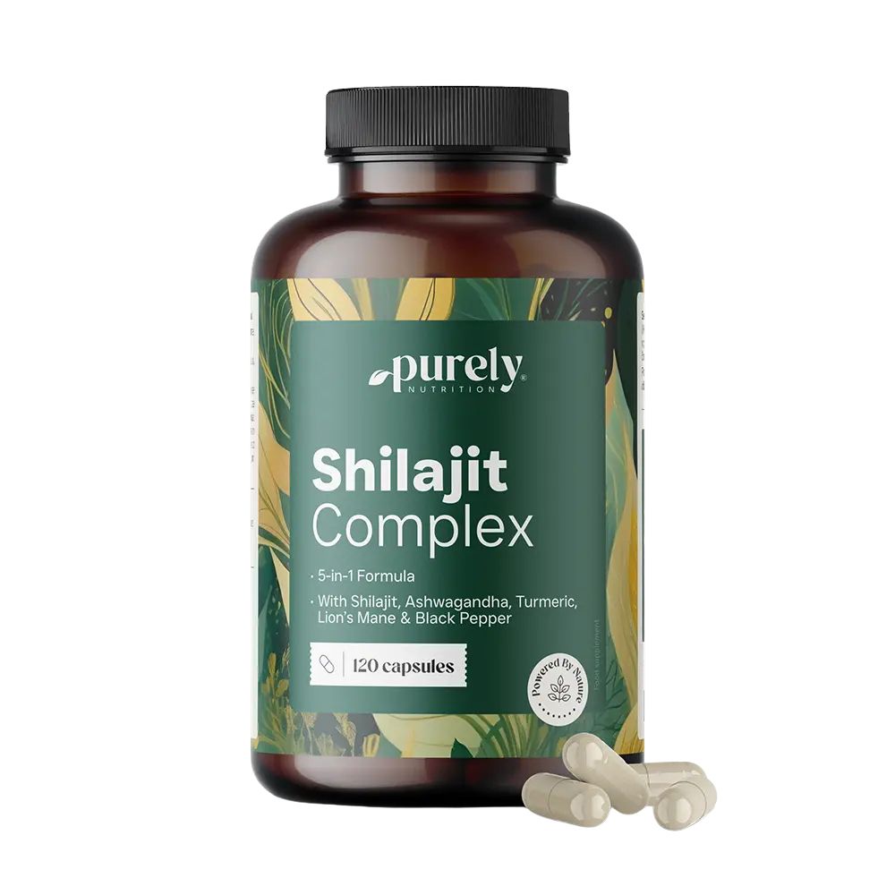 Purely Shilajit Komplex mit Ashwagandha, Kurkuma und Löwenmähne · 120 Kapseln