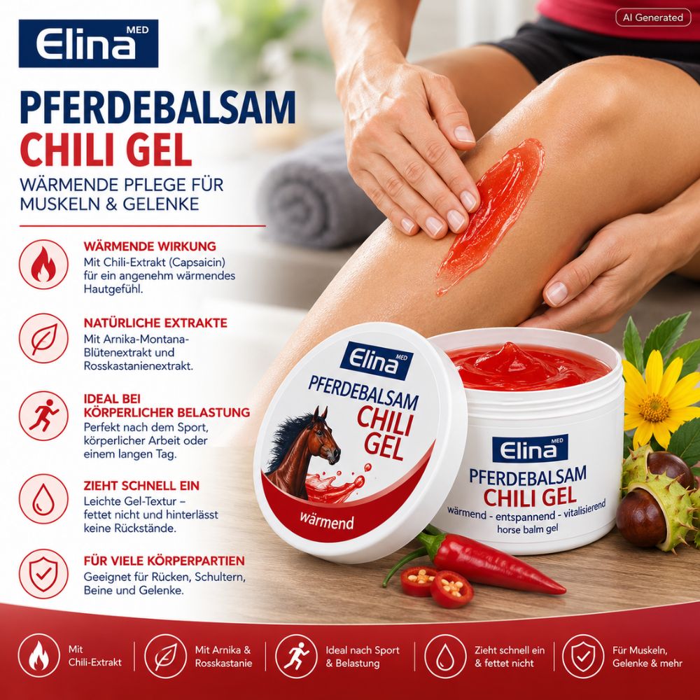 Elina Med | Pferdebalsam Chili-Gel - Wärmende Pflege für Muskeln & Gelenke - 500ml