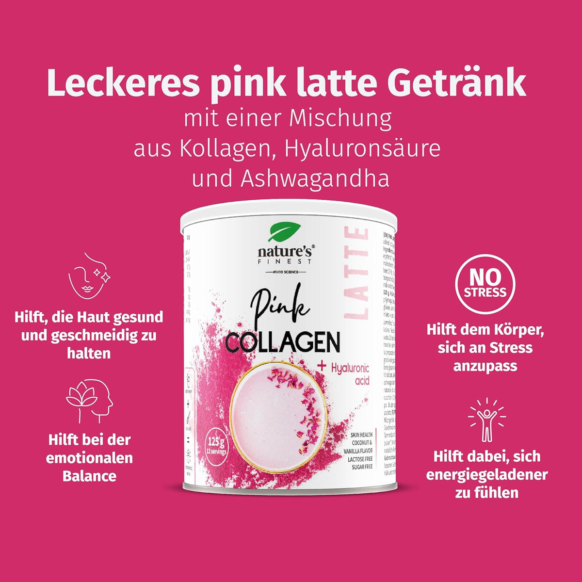 Nature's Finest PINK LATTE Kollagen mit Hyaluronsäure und Ashwagandha – Bild 2