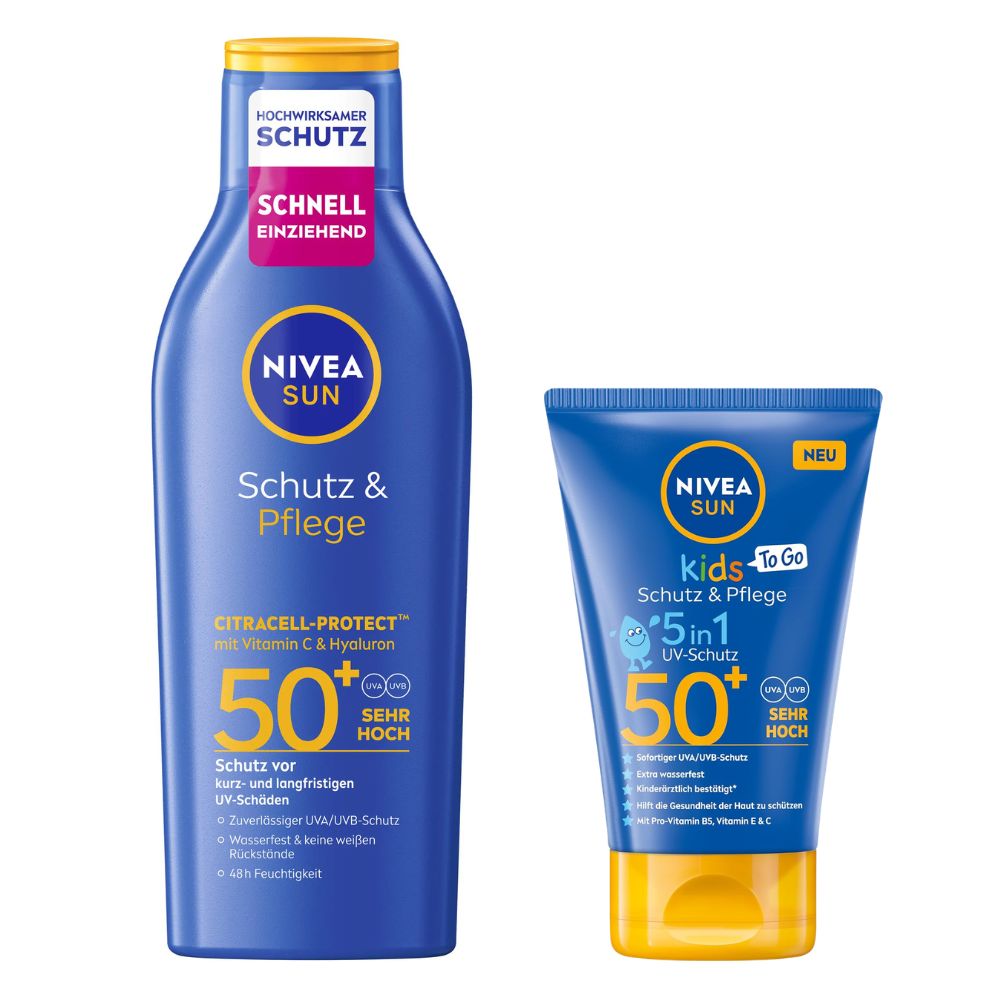 NIVEA SUN Schutz & Pflege Family Set · Sonnenmilch LSF 50 200 ml + Kids 50 ml · AKTION