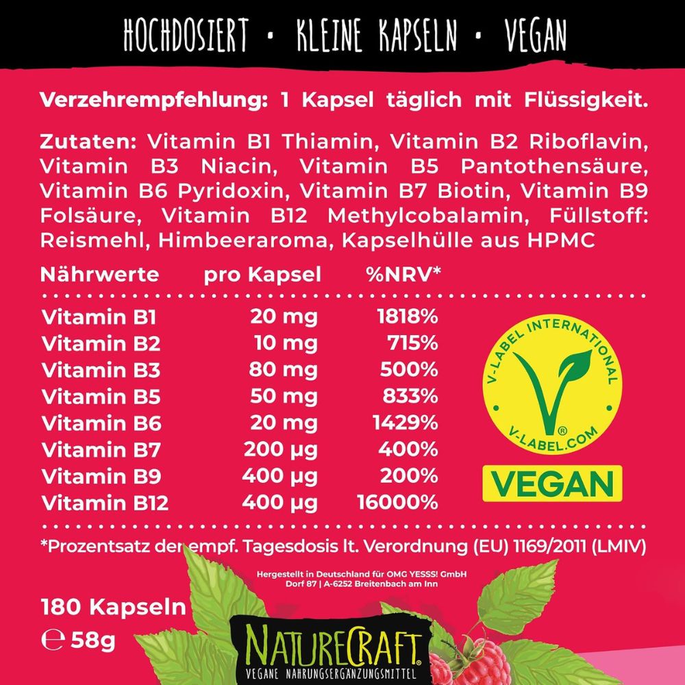 NatureCraft | Vitamin B-Komplex hochdosiert – 8 B-Vitamine, vegan – 180 Kapseln - NEUHEIT