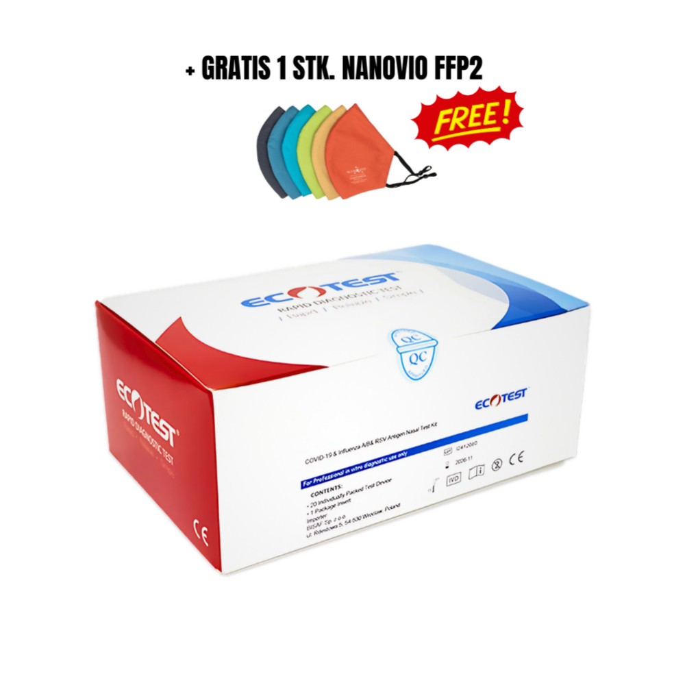 ECOTEST – 20Stk. Pen COMBO 4in1 Schnelltest | COVID-19 | Influenza A+B | RSV | 1 Abstrich, 4 Ergebnisse + Gratis Nanovio
