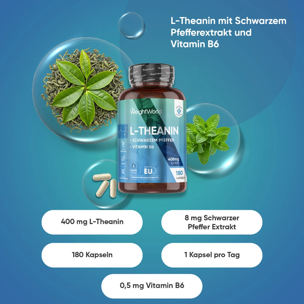 WeightWorld L-Theanin Kapseln mit schwarzem Pfeffer und Vitamin B6 · 180 Kapseln – Bild 2