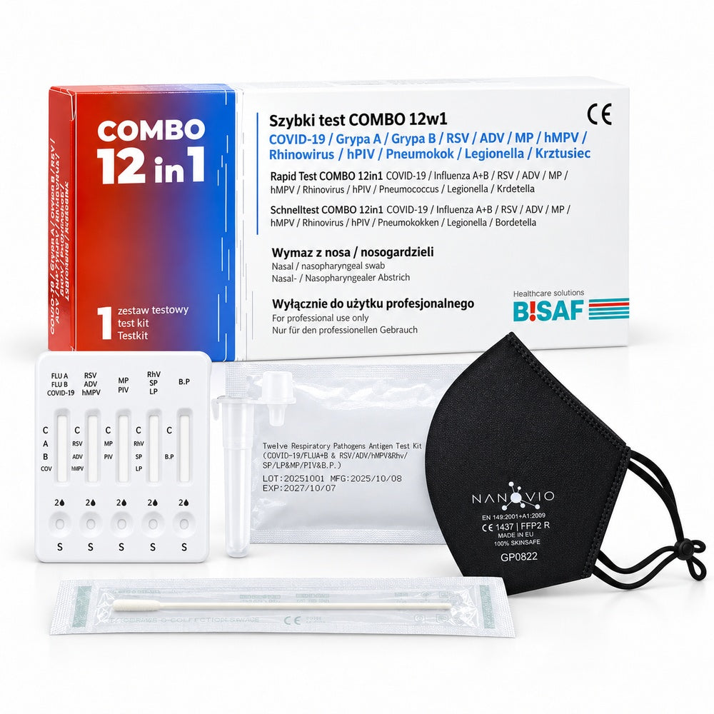 BISAF | 12in1 Test COVID‑19, Influenza, RSV, ADV, hMPV, RhV, hPIV, MP, LP, Pneumokokken, Keuchhusten + Gratis Nanovio FFP2