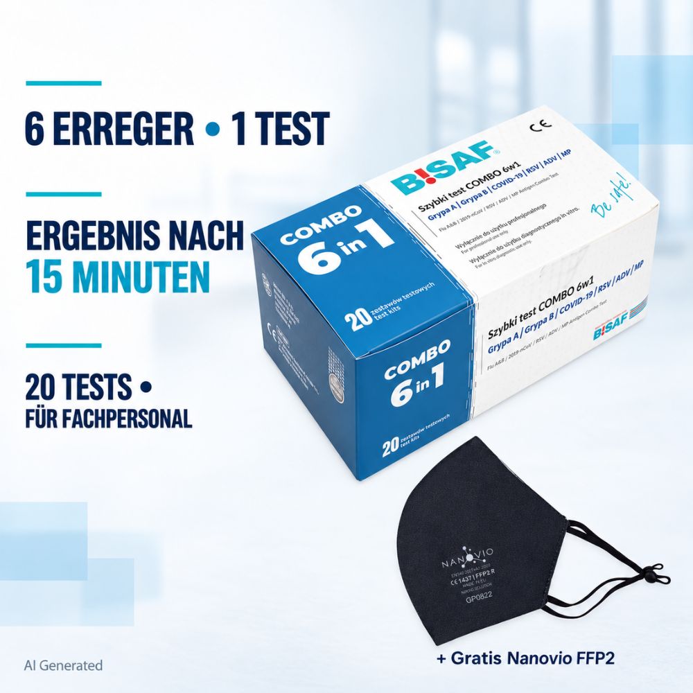 BISAF | COMBO 6in1: SARS-CoV-2, Flu A/B, RSV, Adenovirus, Mycoplasma – 20 Tests + Gratis Nanovio FFP2