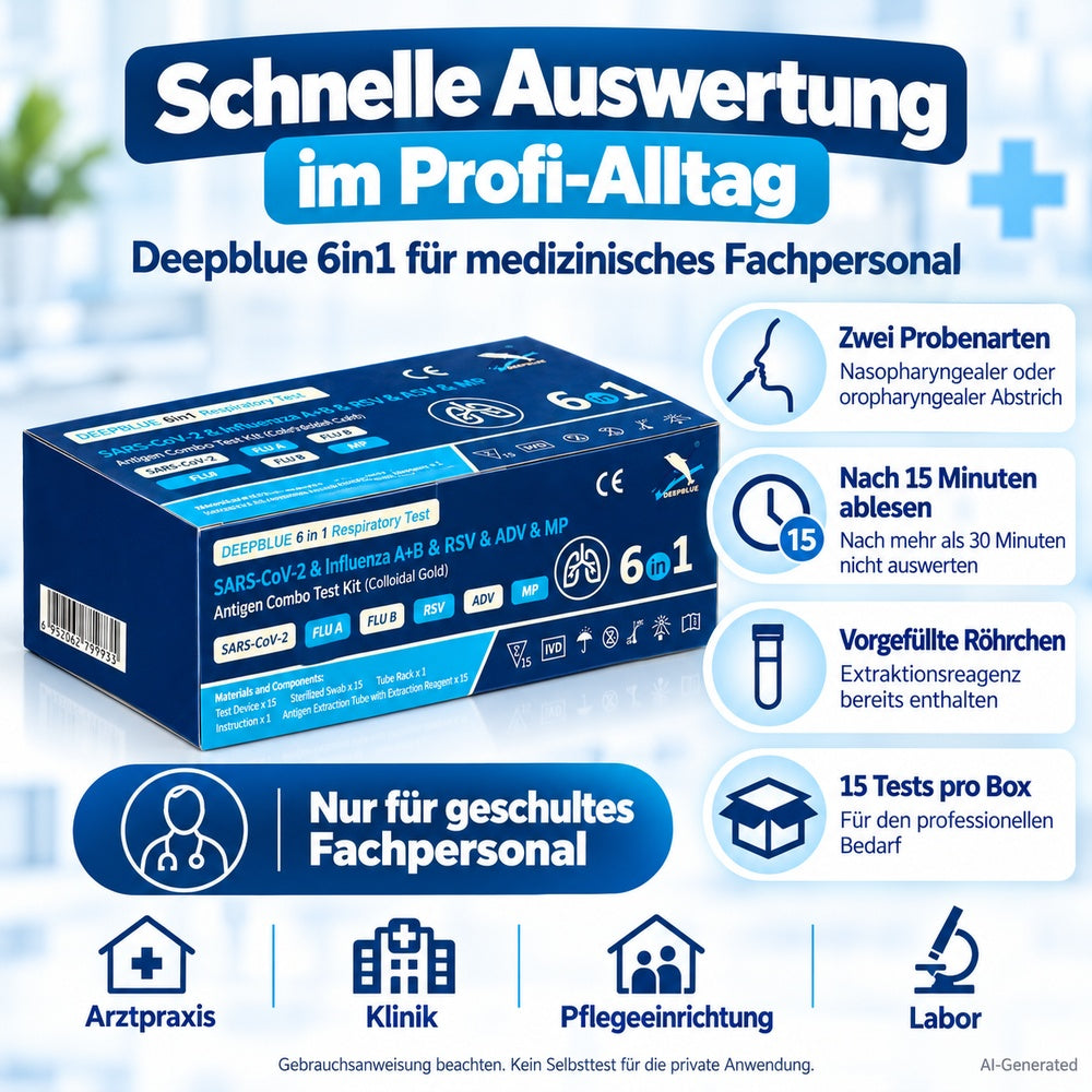 Deepblue | 6in1  Profi Antigen Combo Test für COVID-19 (Corona), Grippe A/B, RSV, Adenovirus & Mycoplasma (MP) 15 Stück Packung