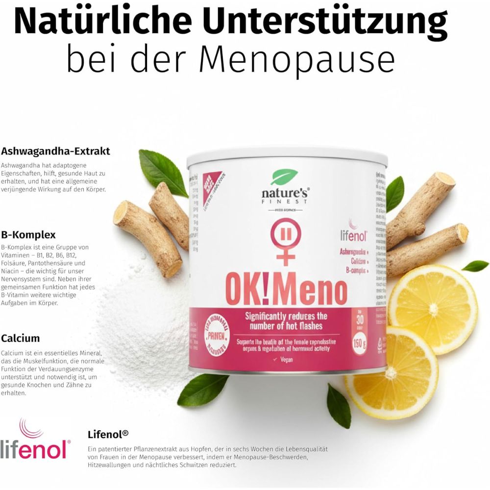 Nature's Finest OK!Meno · Menopause-Komplex mit Lifenol®, Ashwagandha & B-Vitaminen · 150 g – Bild 3