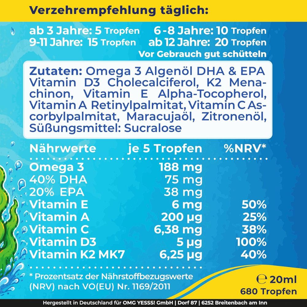 NatureCraft |  KIDS Multivitamin Tropfen + Omega-3 – DHA & EPA + Vitamin D3, K2, A, C & E – 20 ml - NEUHEIT