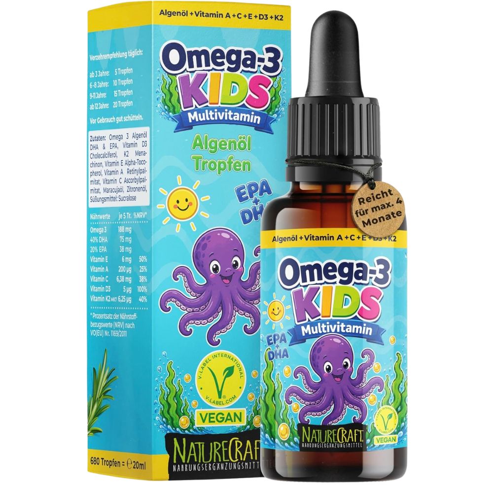 NatureCraft |  KIDS Multivitamin Tropfen + Omega-3 – DHA & EPA + Vitamin D3, K2, A, C & E – 20 ml - NEUHEIT