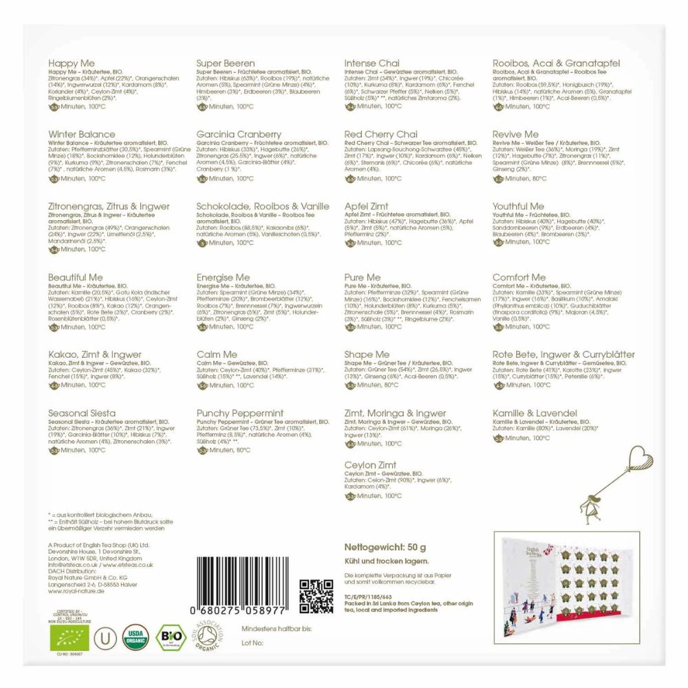 English Tea Shop | Teebuch Adventskalender "Wellness" mit Schleife - 25 Pyramidenbeutel