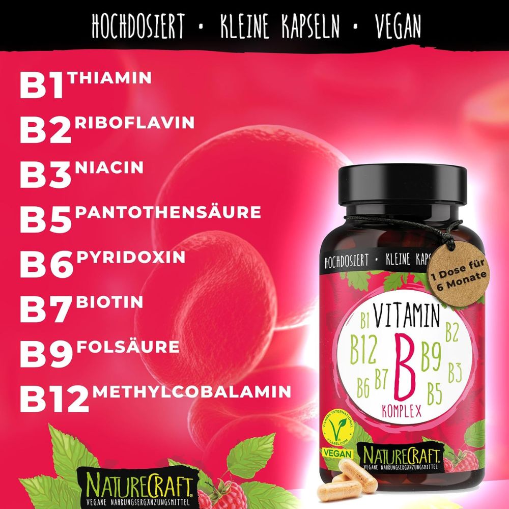 NatureCraft | Vitamin B-Komplex hochdosiert – 8 B-Vitamine, vegan – 180 Kapseln - NEUHEIT